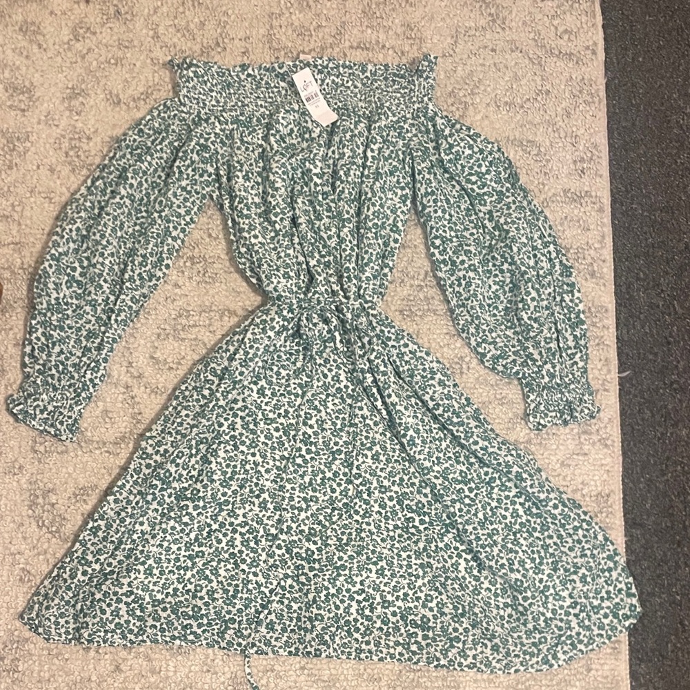 NWT LOFT Teal Green Floral Off-Shoulder Long Sleeve Dress
